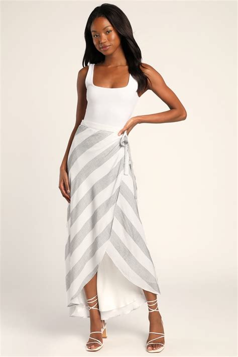 Chic Grey And White Striped Skirt Striped Wrap Skirt Lulus