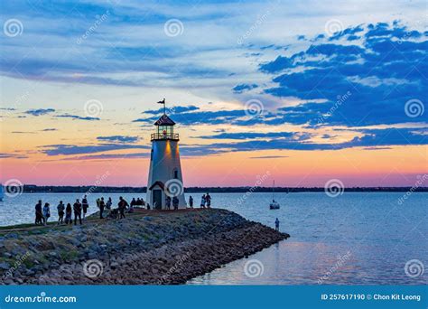 Sunset View Of The Lighthouse In Lake Hefner Editorial Image Image Of