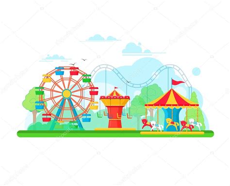 Los juegos mecánicos mas extremos del mundo todos alguna vez hemos ido a un parque de atracciones y. Amusement park concept with ferris wheel and carousels — Stock Vector © Bienchen #112251286