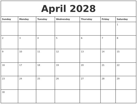 April 2028 Printable Monthly Calendar