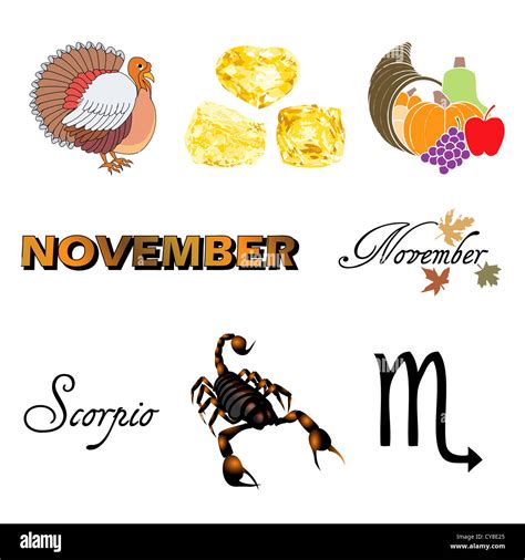 Illustration Of Eight November Icons Including Birthstones Holidays