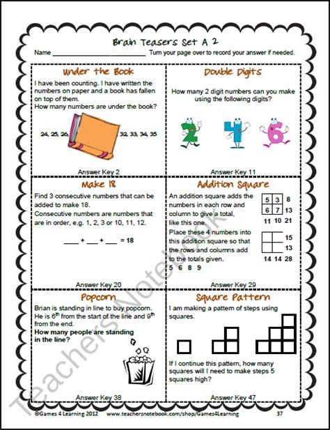 This Collection Of Printable Math Problems And Math Brain Teasers Cards