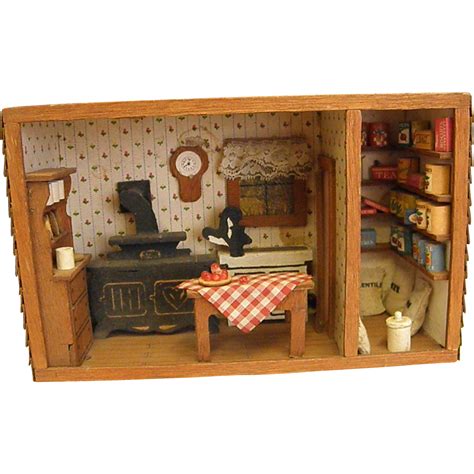 Antique Minaiture Wooden Diorama Of Country Kitchen And Pantry Doll