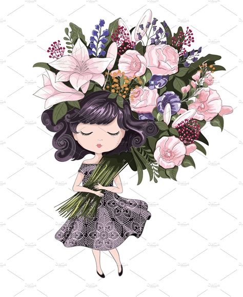 Cute Girl With Flowers Girls With Flowers Flower Illustration Cute