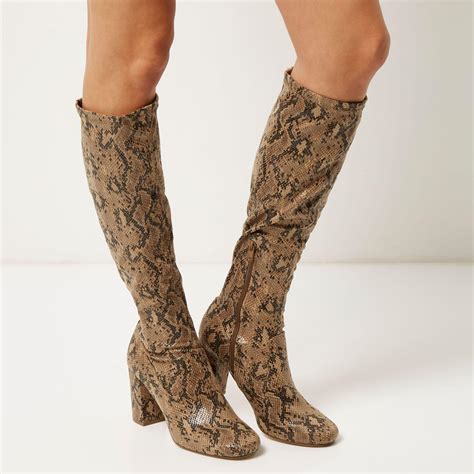 Lyst River Island Brown Snake Print Knee High Boots In Brown