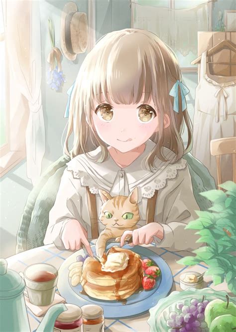 Wallpaper Cute Anime Girl Eating A Pancake Cat Neko