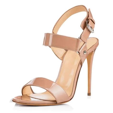 Ladies Sandals Nude Patent Leather Cut Out Thin Heels Sandals Peep Toe Buckle Strap Sandal Dress