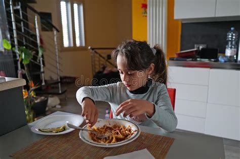 Young Girl 6 7 Years Old Eating Spaghetti Stock Photo Image Of Faces