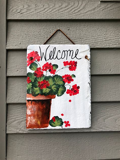 Hand Painted Slate Welcome Sign Red Geraniums Welcome Sign Etsy