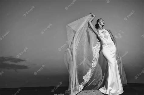 Premium Photo Girl In Wedding Dress Outdoor At Evening Sky Bride And