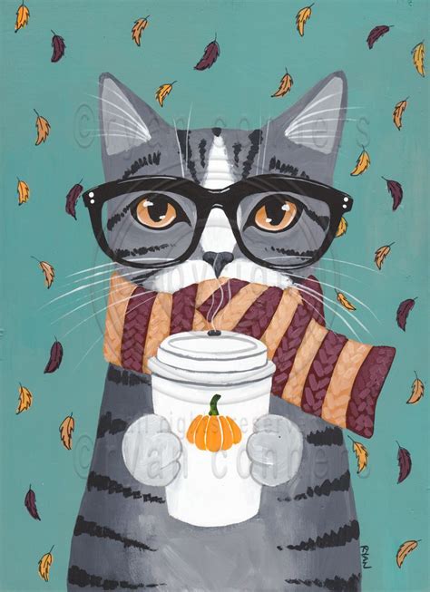 Grey Tabby Autumn Pumpkin Coffee Cat Folk Art Print 8x10 11x14 Cat