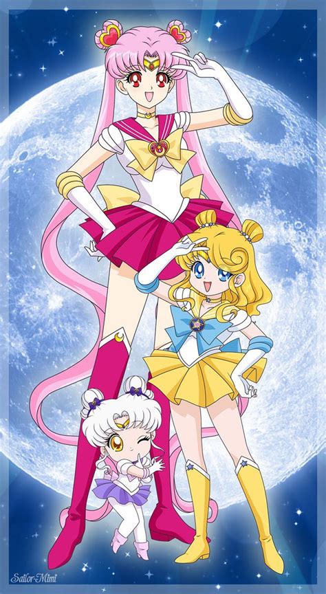 Sailor Moon And Other Anime Characters Standing In Front Of The Moon With Their Arms Around Each