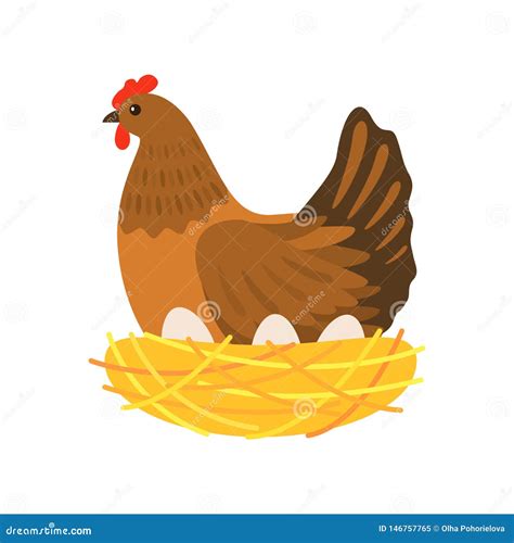 The Hen Hatch Eggs In The Nest Flat Vector Illustration Isolated Stock