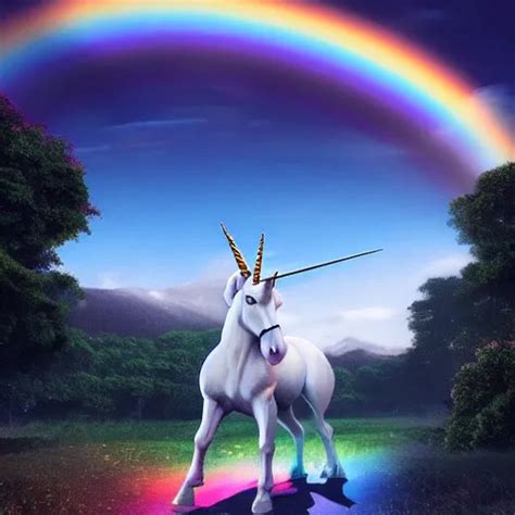 A Unicorn Standing On Its Back Legs Rainbow In The Stable Diffusion