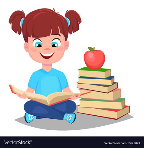 Cute Girl Reading Book And Sitting Near A Stack Vector Image