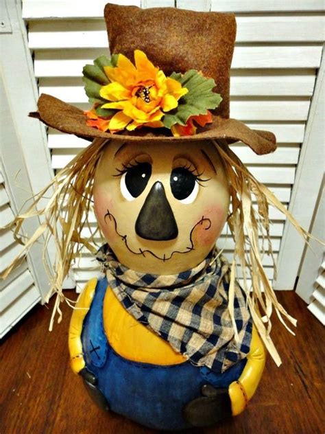 Handpainted Primitive Autumn Fall Scarecrow Gourd Hand Painted Gourds