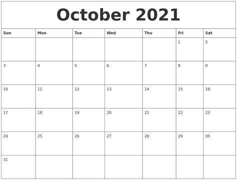 October 2021 Calendar Pages