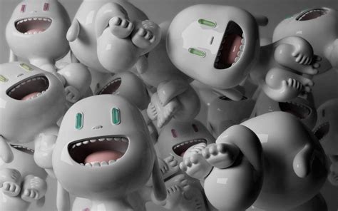 A Group Of White Toy Figures With Mouths Open