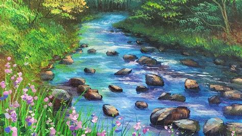 Forest Stream With Wildflowers Acrylic Painting Live Tutorial Youtube