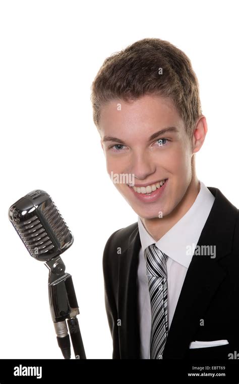 Young Singer With Retro Microphone Singing Stock Photo Alamy