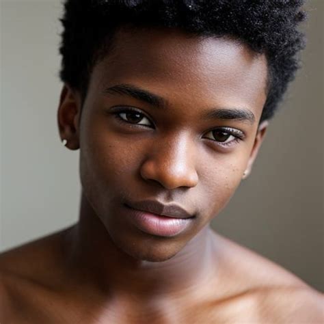 realistic close up portrait of a super cute black twink topless with dark brown eyes on