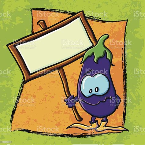 Funny Cartoon Eggplant On The Bright Background With Plate Stock Illustration Download Image