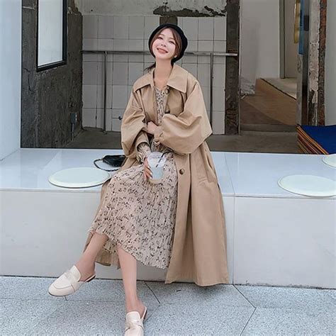 Korean Women Turn Down Collar Loose Trench Coat Long Sleeve With Belt Coat Single Breasted Long