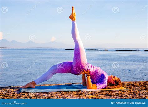 Outdoor Yoga Practice Attractive Woman Practicing Variation Of Setu Bandhasana Shoulder