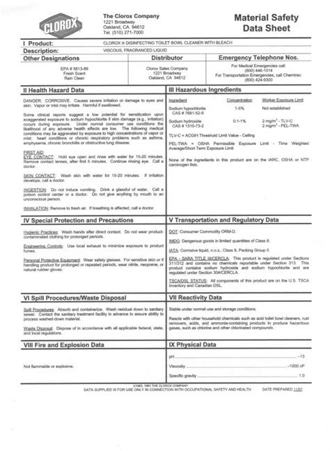 Clorox Bleach Material Safety Data Sheet Printable Templates Free