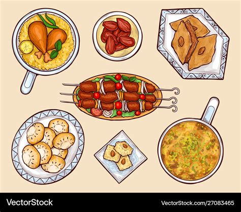 Oriental Cuisine Dishes Cartoon Set Royalty Free Vector