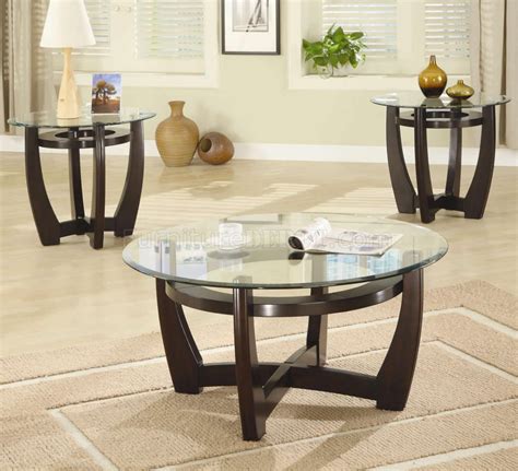 Dining table/coffee table/bar table/restaurant table top material: Cappuccino Finish Base & Glass Top Modern 3Pc Coffee Table Set