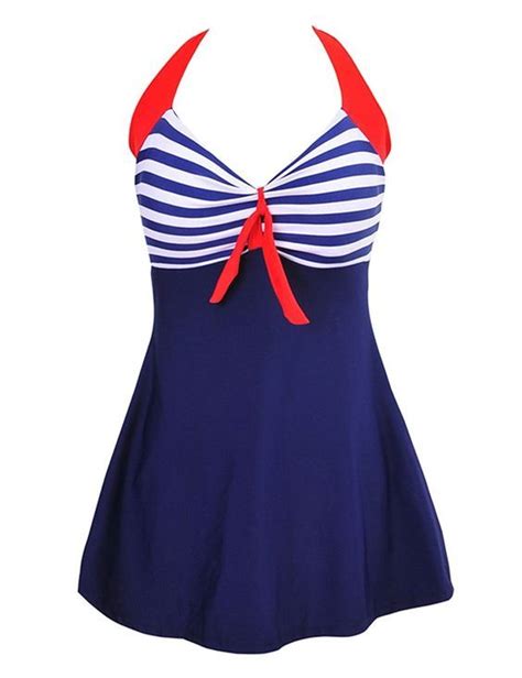 Vintage Sailor Swimsuit Halter Neck 1 Piece Skirtini Swimdress Fba Blue Red Ct12isjjk07