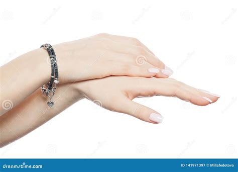 Beautiful Female Hands With Silver Jewelry Bracelet Isolated Over White