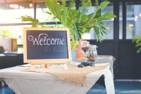 Blackboard Sign With Welcome Message In Coffee Shop Stock Image Image