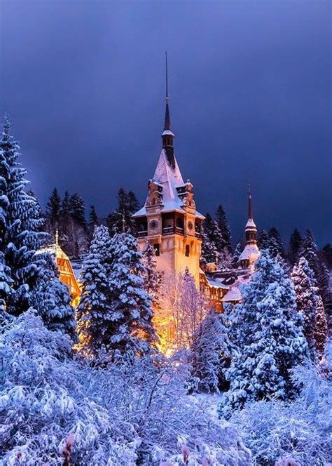Snowy Night Peles Castle Romania Western Europe In 2019 Peles