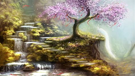 Hd Wallpaper Pink Leaf Trees And Waterfalls Painting Fantasy Art