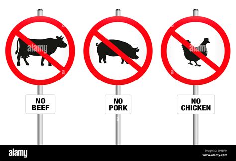 No Beef Pork And Chicken Three Prohibitory Signs With Crossed Out