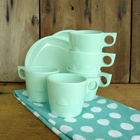 Vintage Green Melmac Dishes Set Cups Mugs Saucers Set Mint Green
