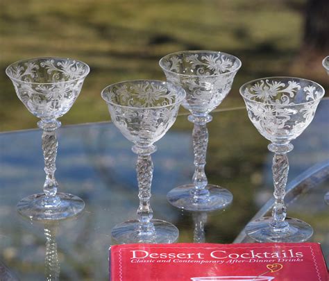 Vintage Acid Etched Crystal Liquor ~ Wine Glasses Set Of 4 Tiffin