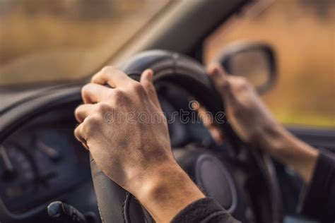 Driver S Hands On Steering Wheel Inside Of A Car Stock Photo Image Of