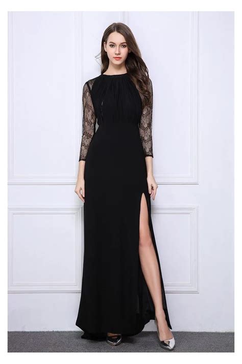 Black Lace Long Sheer Sleeve Slit Prom Dress Ck Sheprom Com