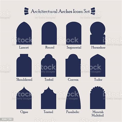 Set Of Common Types Of Architectural Arches Silhouette Icons Stock