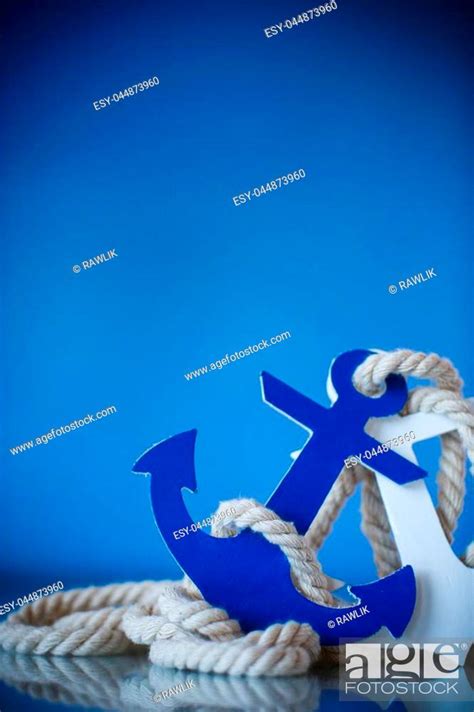 Wooden Decorative Anchor On The Blue Background Stock Photo Picture
