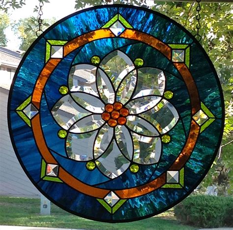 Round Stained Glass Window Panel With Flower Bevel Stained Glass Flowers Stained Glass Panels