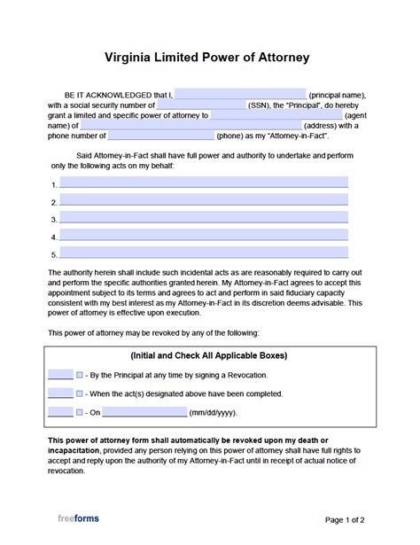 Free Virginia Limited Special Power Of Attorney Form Pdf Word