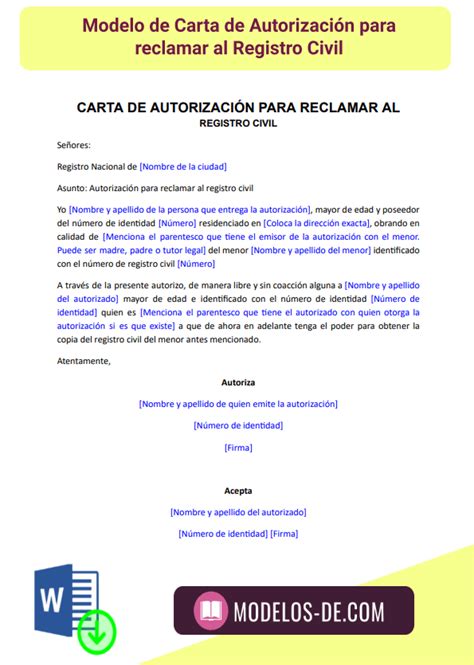 Carta De Autorización Para Reclamar Al Registro Civil