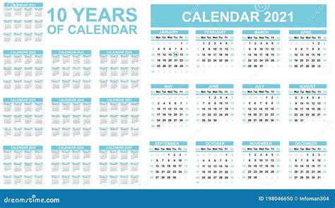 2021 2030 Ten Years Of Calendar Simple Red Second Edition Vector