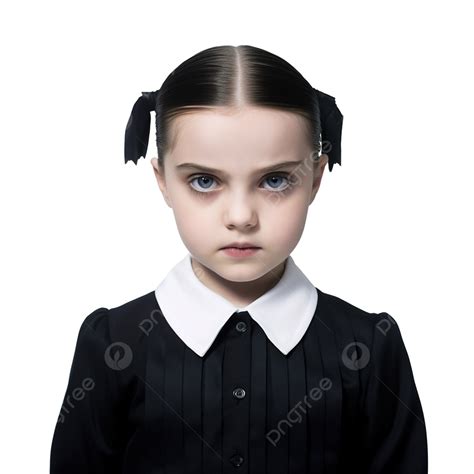 Portrait Of Little Girl With Wednesday Addams Costume During Halloween