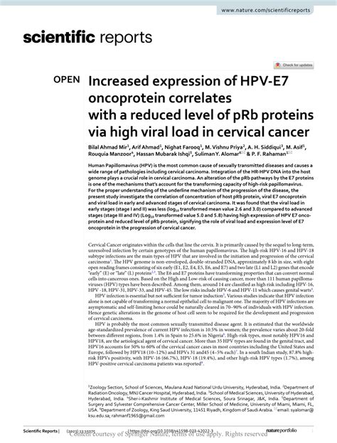 Pdf Increased Expression Of Hpv E7 Oncoprotein Correlates With A