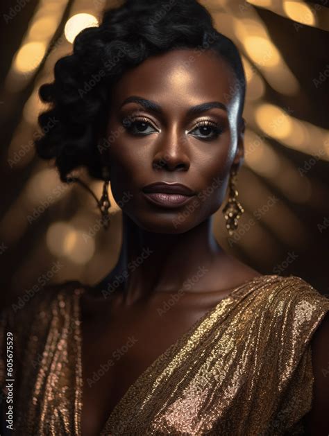 Beautiful Dark Skin Woman With Curly Hair In Golden Dress Fashion